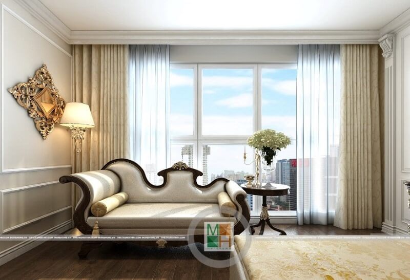 Ghế sofa phòng ngủ cao cấp có kiểu dáng tân cổ điển và được trang trí bằng các đường nét uốn lượn mang nét nghệ thuật.